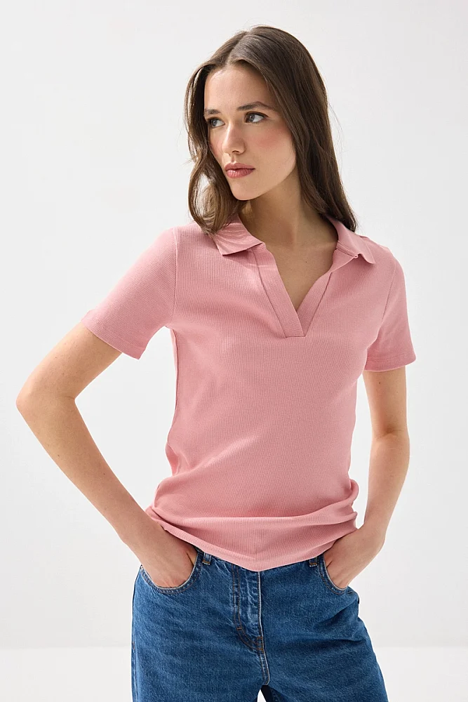 Polo Neck Ribbed T-Shirt - Pink