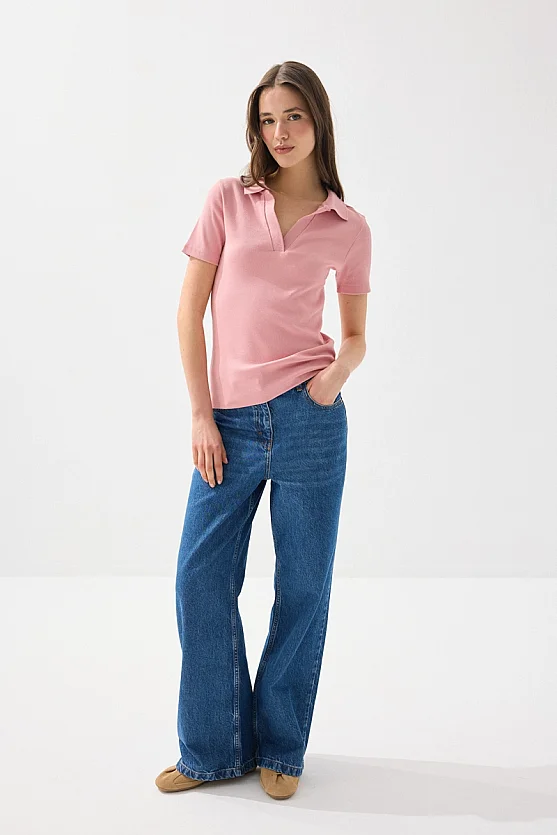 Polo Neck Ribbed T-Shirt - Pink - 2