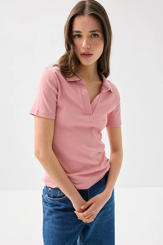 Polo Neck Ribbed T-Shirt - Pink - 3
