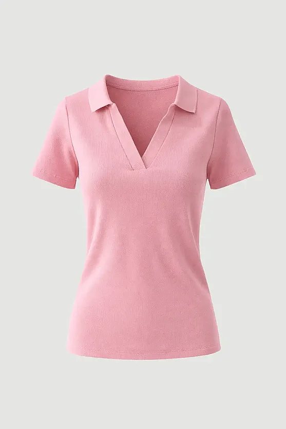 Polo Neck Ribbed T-Shirt - Pink - Gusto
