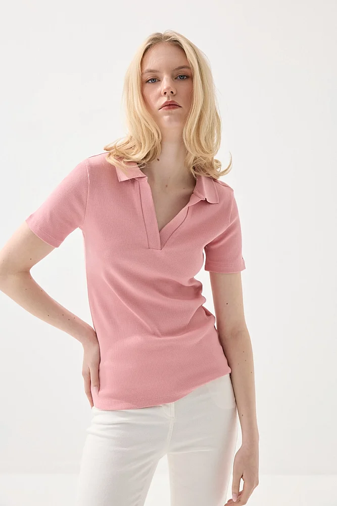 Polo Neck Ribbed T-Shirt - Powder Pink