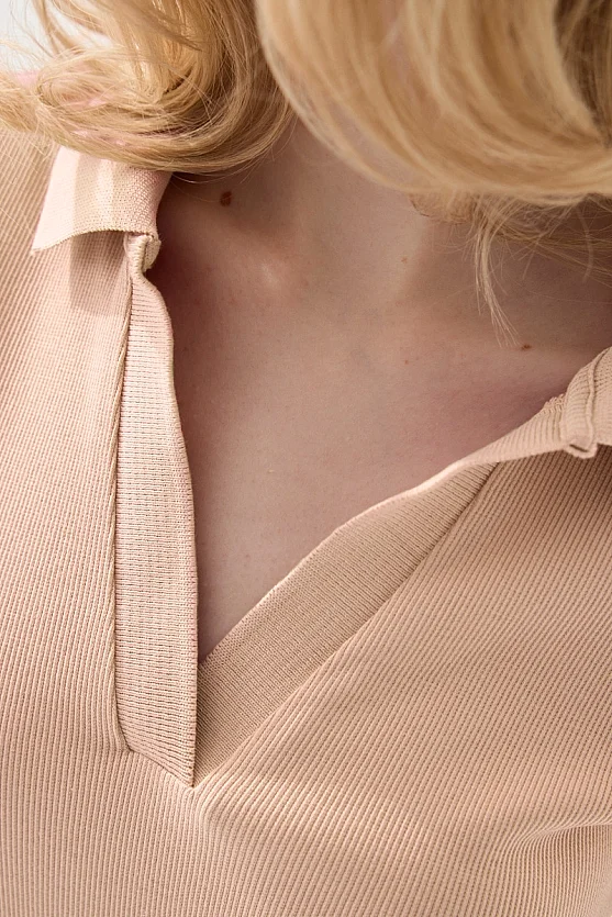 Polo Neck Ribbed T-Shirt - Powder Pink - 4