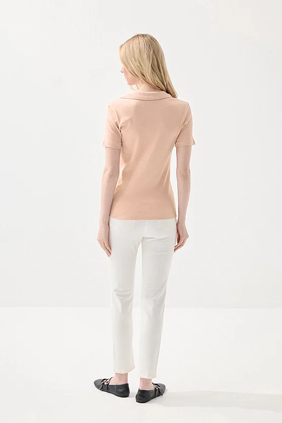 Polo Neck Ribbed T-Shirt - Powder Pink - Gusto