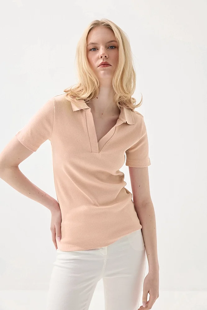 Polo Neck Ribbed T-Shirt - Powder Pink