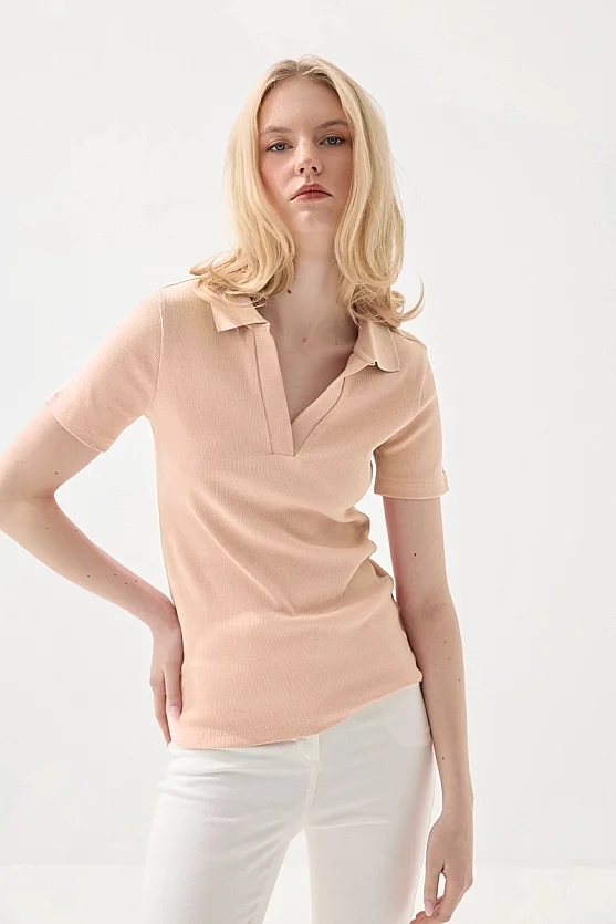 Polo Neck Ribbed T-Shirt - Powder Pink - Gusto
