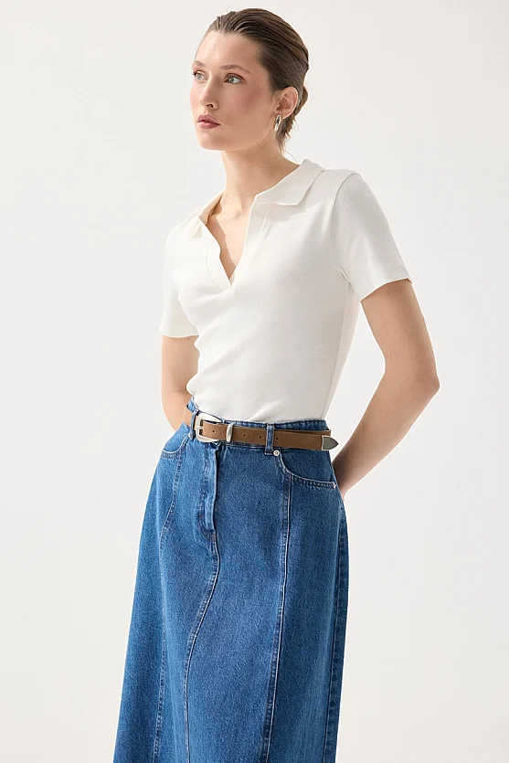 Polo Neck Ribbed T-Shirt - White - 3