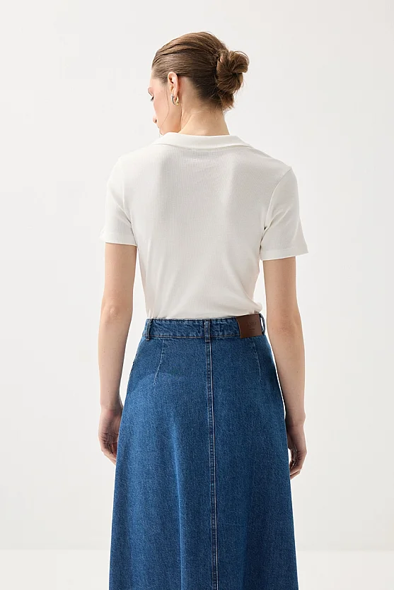 Polo Neck Ribbed T-Shirt - White - Gusto