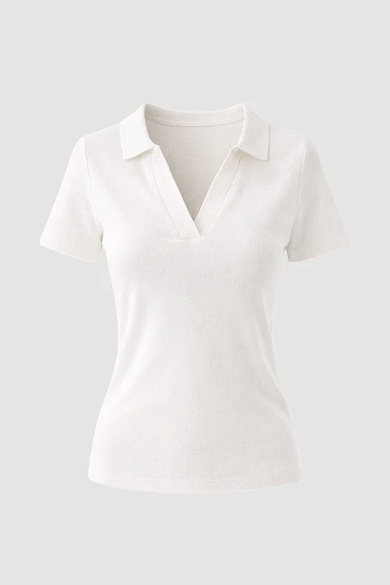Polo Neck Ribbed T-Shirt - White - 7