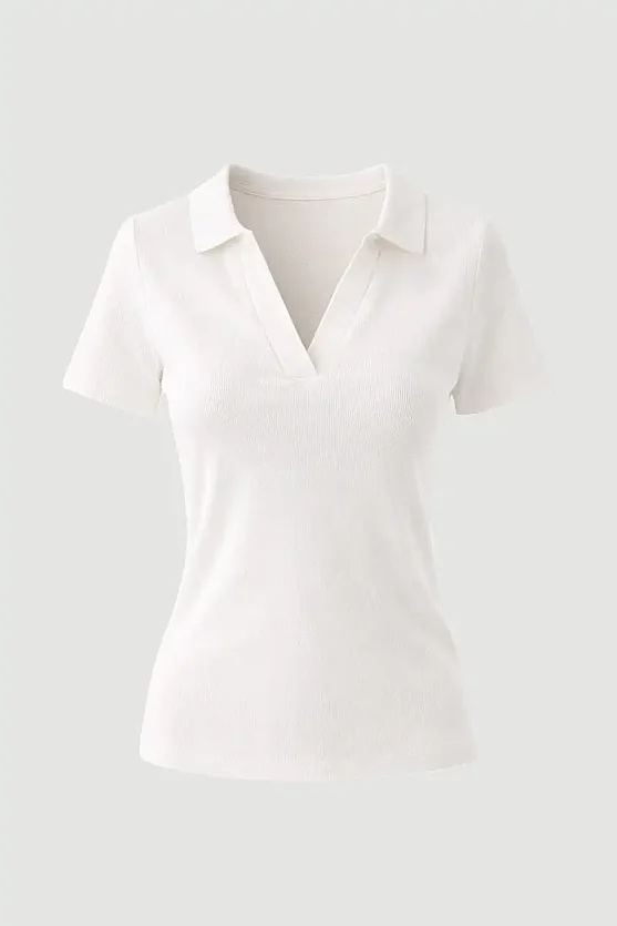 Polo Neck Ribbed T-Shirt - White - 7