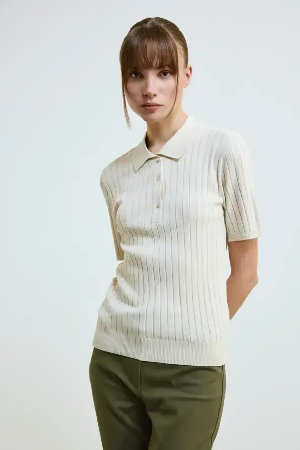 Polo Neck Short Sleeve Knit Blouse - Ecru - 1