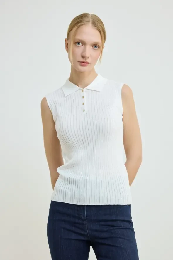 Polo Neck Sleeveless Knit Blouse - Ecru - 1