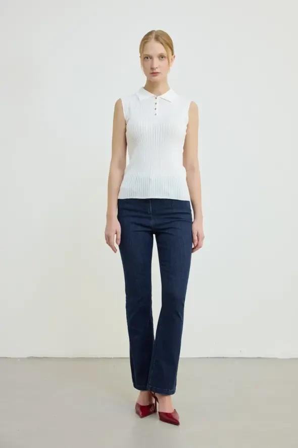 Polo Neck Sleeveless Knit Blouse - Ecru - 2