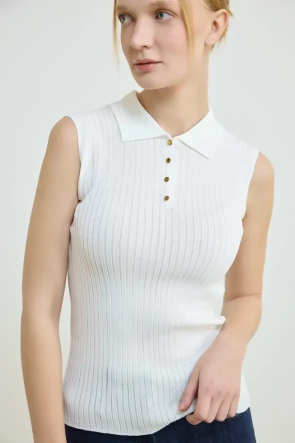 Polo Neck Sleeveless Knit Blouse - Ecru - 3