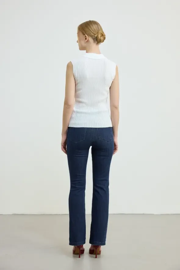 Polo Neck Sleeveless Knit Blouse - Ecru - 4