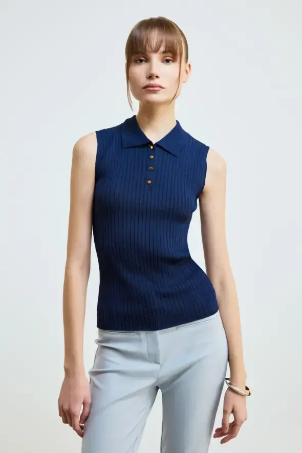 Polo Neck Sleeveless Knit Blouse - Navy - 1