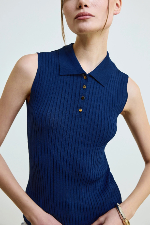 Polo Neck Sleeveless Knit Blouse - Navy - 3