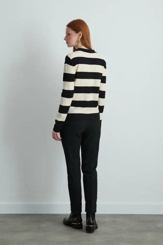 Polo Neck Striped Knit Blouse - Black - 3