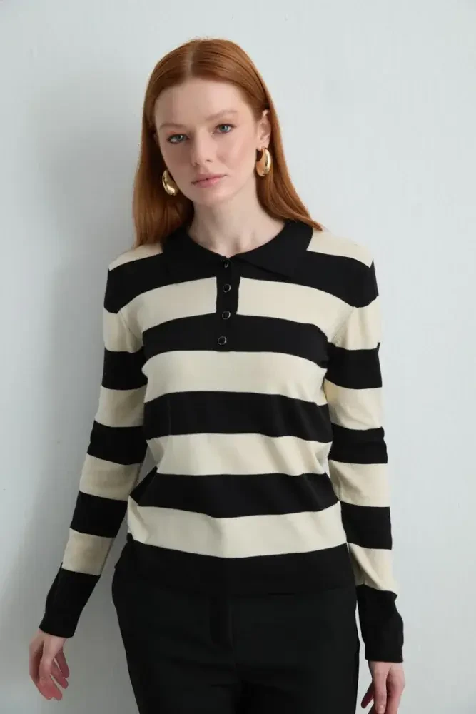 Polo Neck Striped Knit Blouse - Black