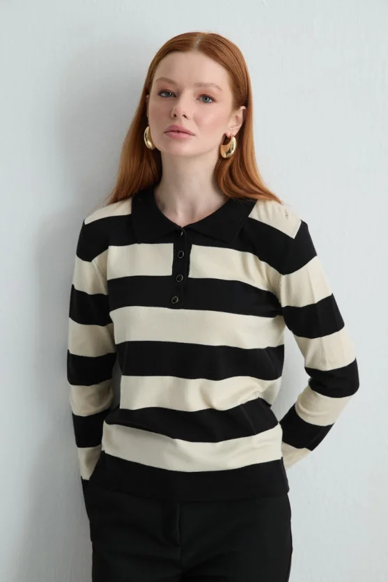 Polo Neck Striped Knit Blouse Black - 2