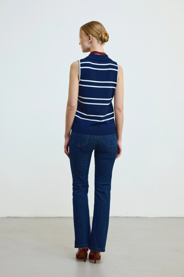 Polo Neck Striped Knit Blouse - Navy - 4