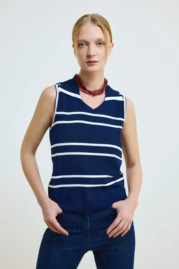 Polo Neck Striped Knit Blouse - Navy - 1