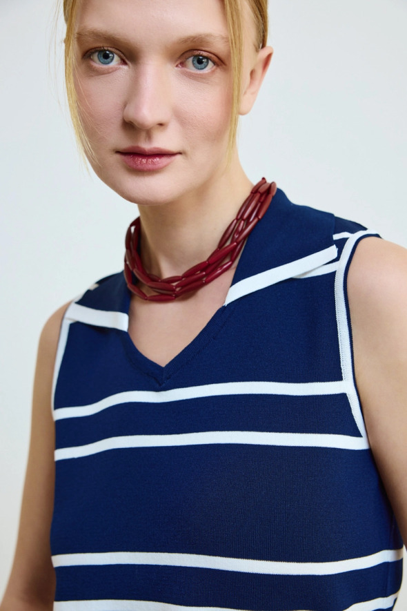 Polo Neck Striped Knit Blouse - Navy - 2