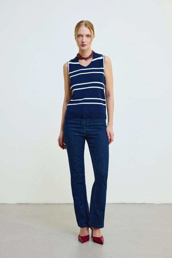 Polo Neck Striped Knit Blouse - Navy - 3