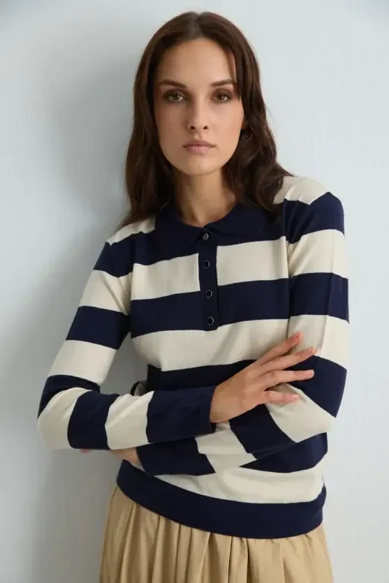 Polo Neck Striped Knit Blouse - Navy Blue - 3