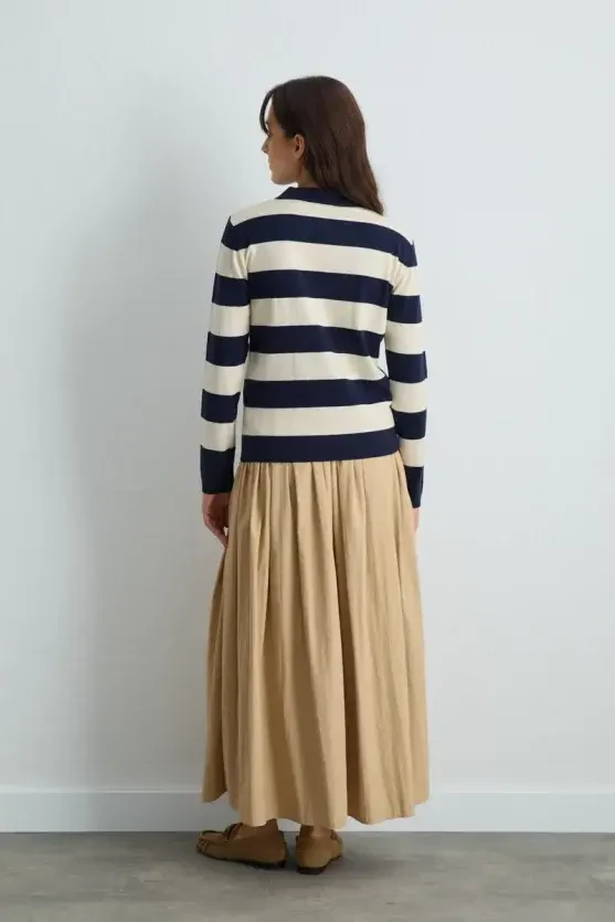 Polo Neck Striped Knit Blouse - Navy Blue - Gusto