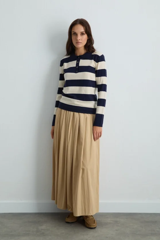 Polo Neck Striped Knit Blouse Navy Blue - 4