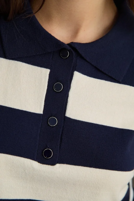 Polo Neck Striped Knit Blouse Navy Blue - Gusto
