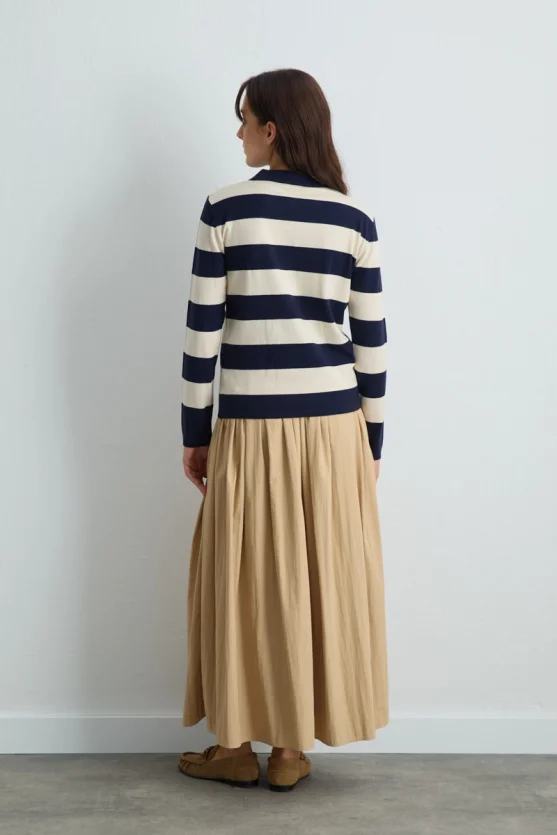 Polo Neck Striped Knit Blouse Navy Blue - 6