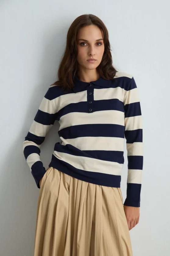 Polo Neck Striped Knit Blouse Navy Blue - 1