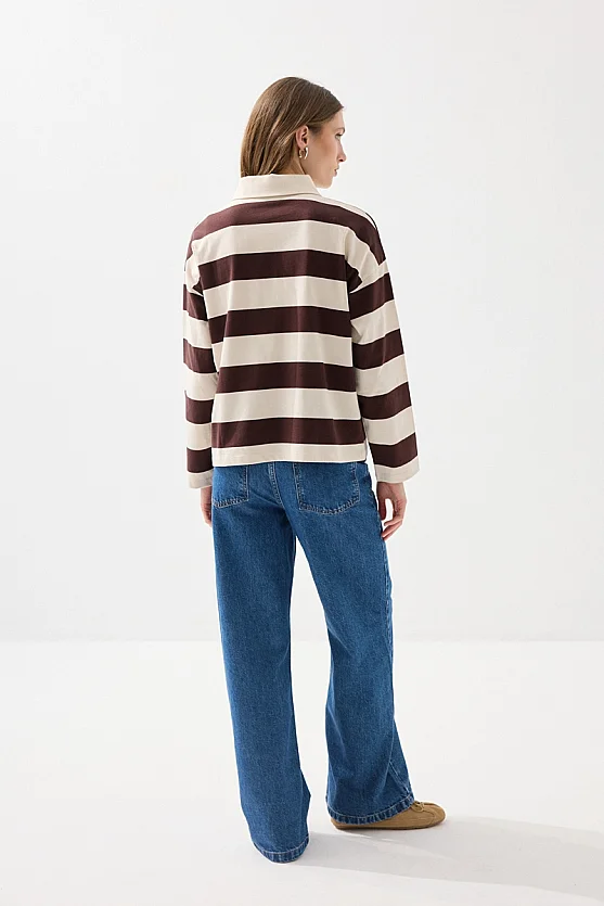 Polo Neck Striped Long Sleeve Cotton T-Shirt - Brown - 8