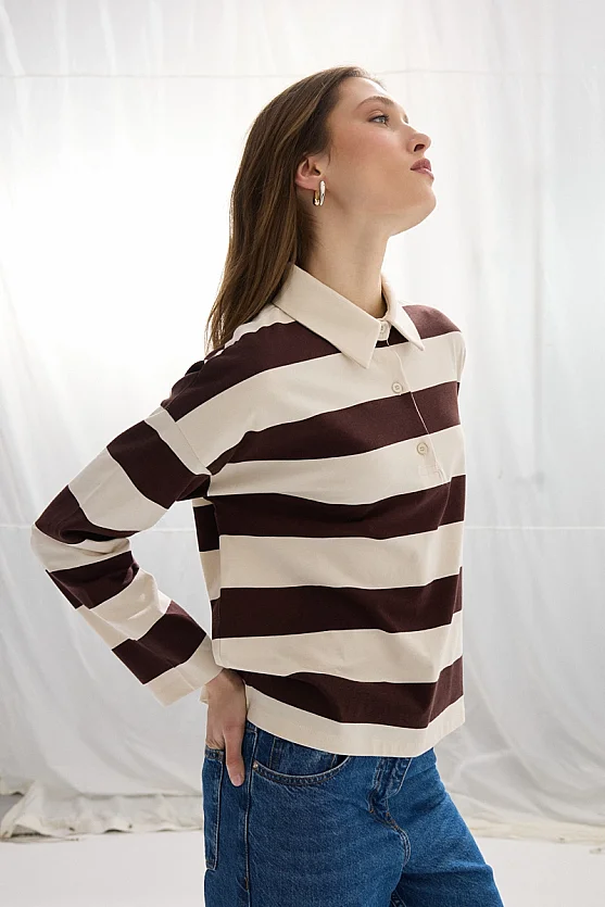 Polo Neck Striped Long Sleeve Cotton T-Shirt - Brown - Gusto