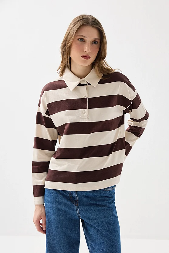 Polo Neck Striped Long Sleeve Cotton T-Shirt - Brown - Gusto