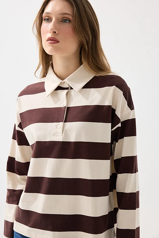 Polo Neck Striped Long Sleeve Cotton T-Shirt - Brown - Gusto