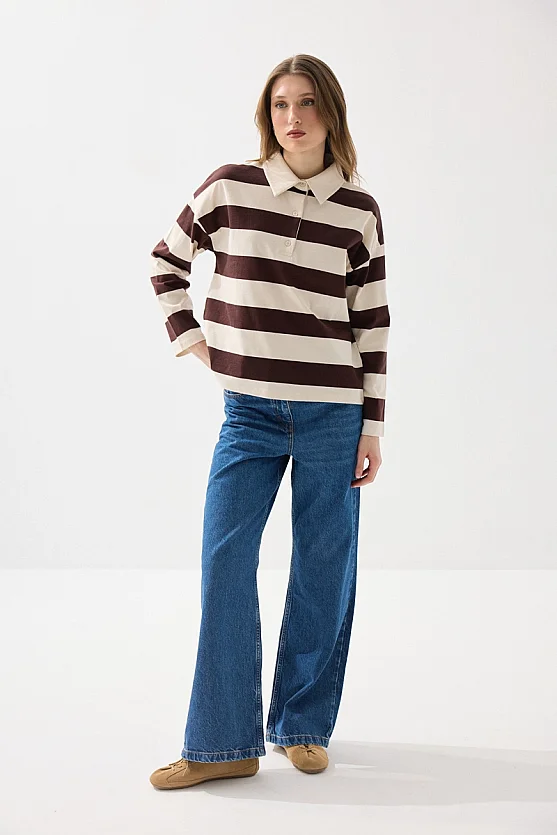 Polo Neck Striped Long Sleeve Cotton T-Shirt - Brown - Gusto