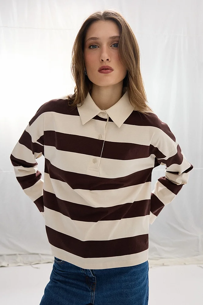 Polo Neck Striped Long Sleeve Cotton T-Shirt - Brown Brown