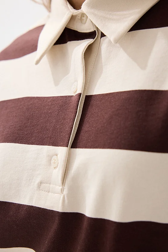 Polo Neck Striped Long Sleeve Cotton T-Shirt - Brown - Gusto