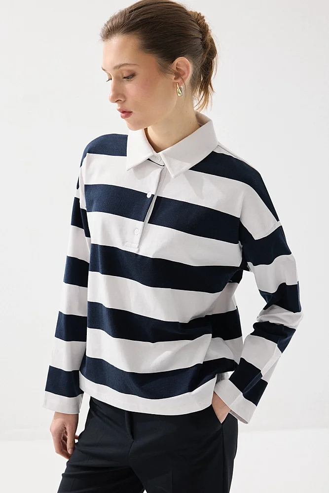 Polo Neck Striped Long Sleeve Cotton T-Shirt - Navy Blue
