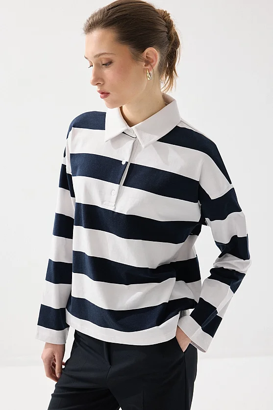Polo Neck Striped Long Sleeve Cotton T-Shirt - Navy Blue - 1