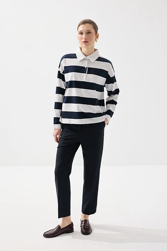 Polo Neck Striped Long Sleeve Cotton T-Shirt - Navy Blue - Gusto