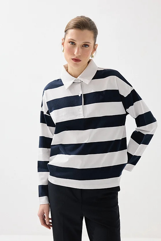 Polo Neck Striped Long Sleeve Cotton T-Shirt - Navy Blue - 3