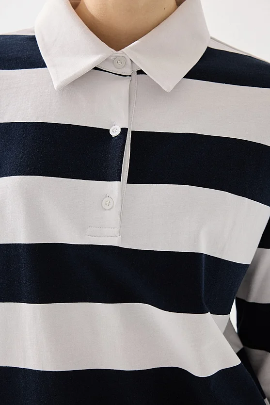 Polo Neck Striped Long Sleeve Cotton T-Shirt - Navy Blue - Gusto