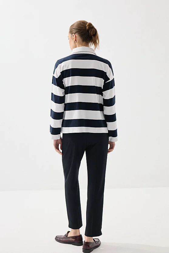 Polo Neck Striped Long Sleeve Cotton T-Shirt - Navy Blue - Gusto