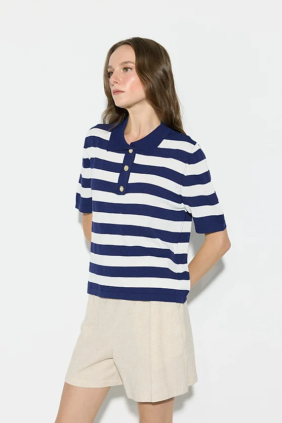 Polo Neck Striped Mercerized Knit Blouse - Navy Blue - Gusto