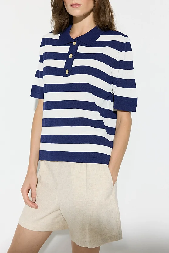 Polo Neck Striped Mercerized Knit Blouse - Navy Blue - Gusto