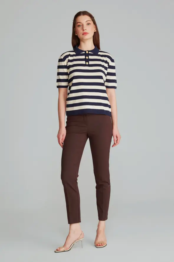 Polo Neck Striped Sweater - Navy Blue - 2