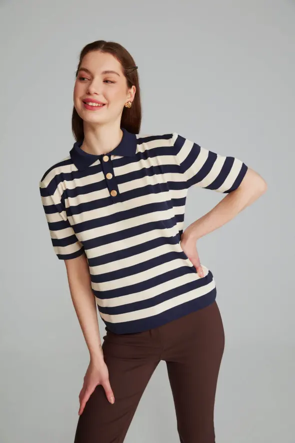 Polo Neck Striped Sweater - Navy Blue - 3
